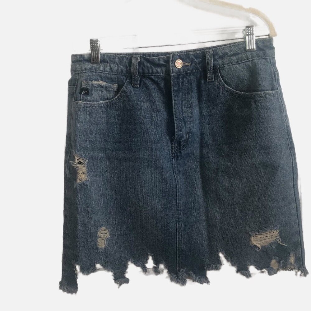 KanRan Women Distressed Zipper Front Denim Skirt with Pockets Size L. Pre-Owned